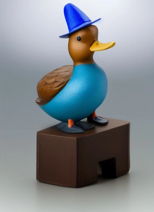 08458-4159363293-a figurine of a duck sitting on a table with a blue dress and a hat on his head, by jeffrey bale.webp